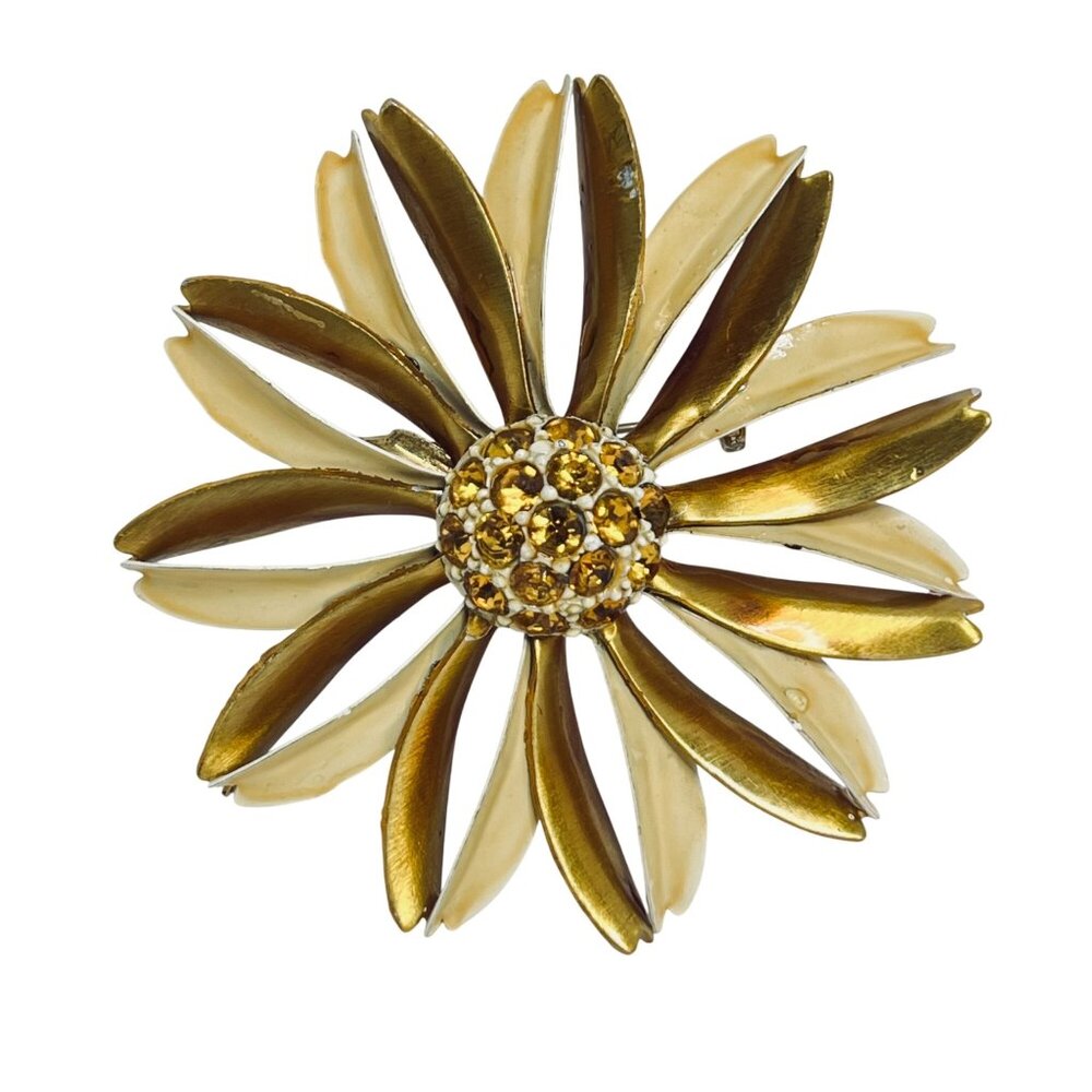 Vintage Gold Tone & Yellow Enamel Flower Brooch W/ Yellow Rhinestones (5733)